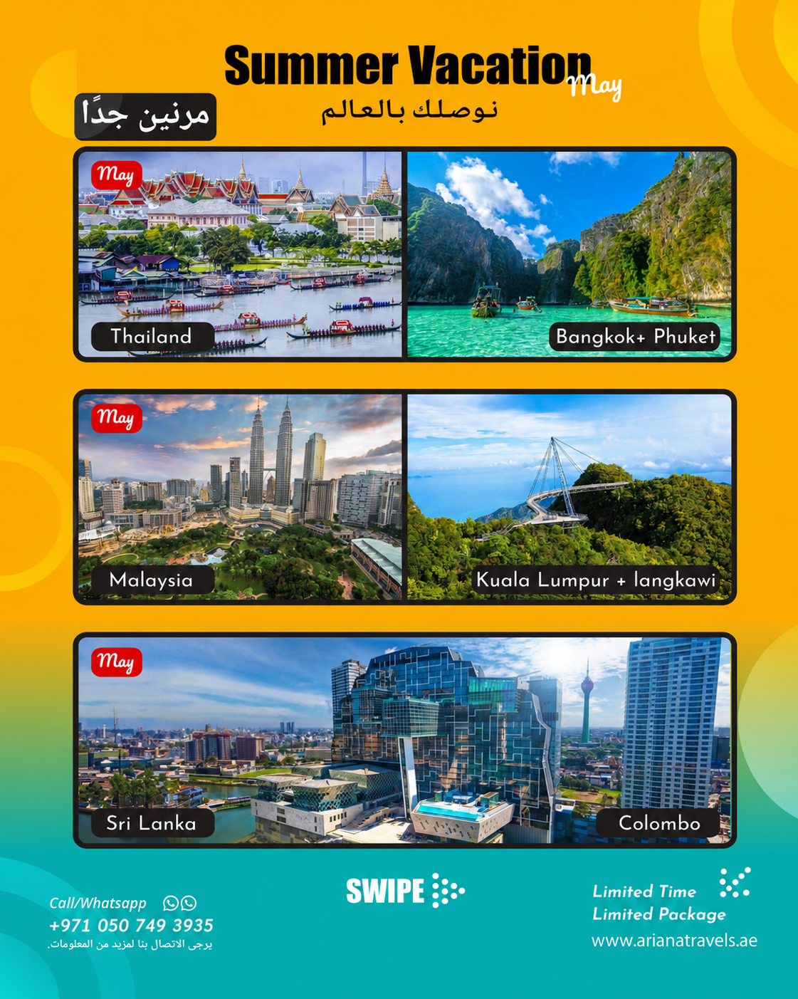 Asia Tour Packages by Ariana Travels featuring Thailand, Malaysia, and Sri Lanka from the leading Travel Agency in Al Ain