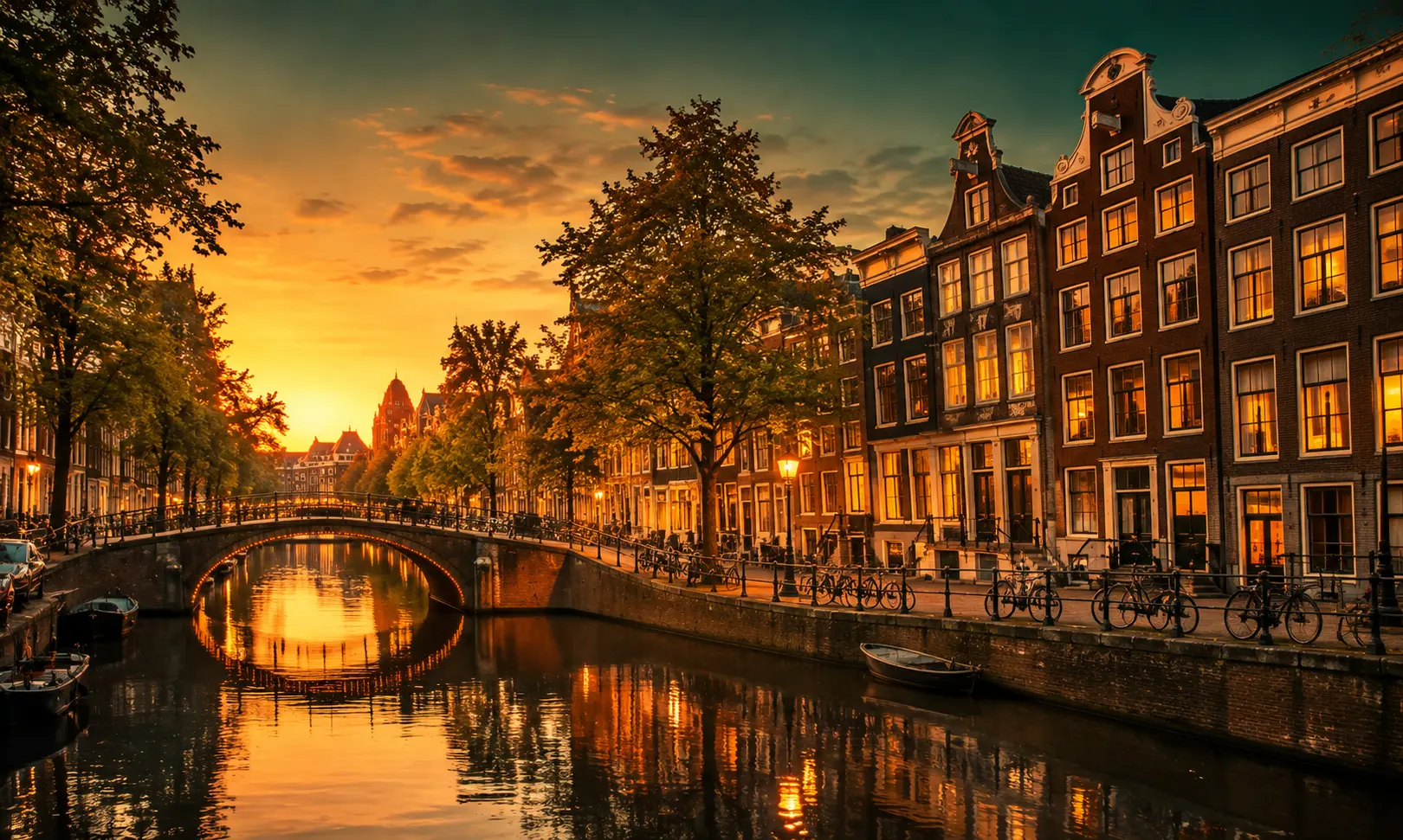 Canal houses at golden hour, Amsterdam, Netherlands