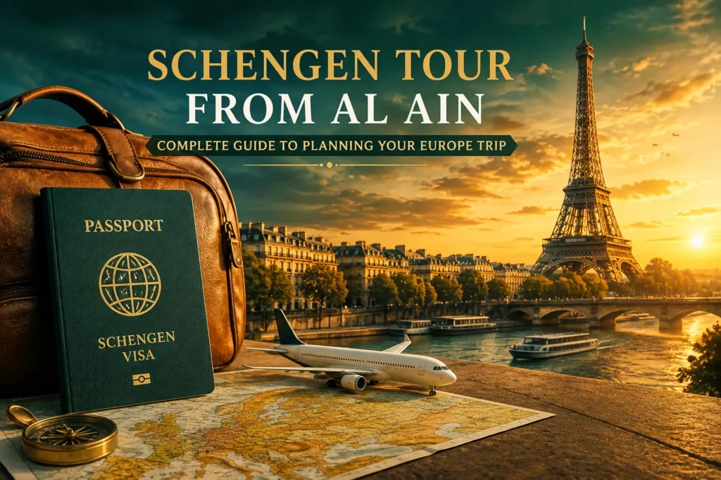 Schengen tour from Al Ain with a passport, Europe map, airplane, luggage, and Eiffel Tower at golden hour.