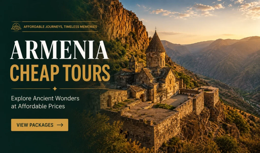 Armenia cheap tours banner featuring Geghard Monastery carved into cliffs at sunset