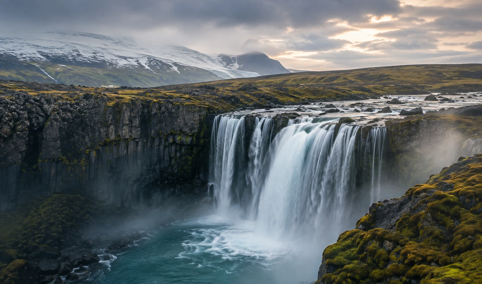 Icelandic waterfall and glacier landscape