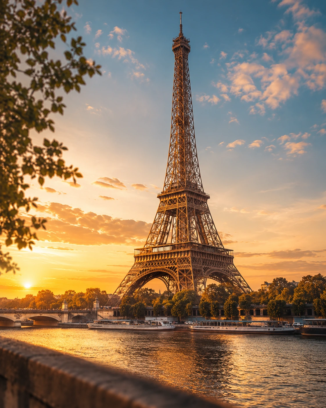 Eiffel Tower and the Seine River at sunset, Paris, France