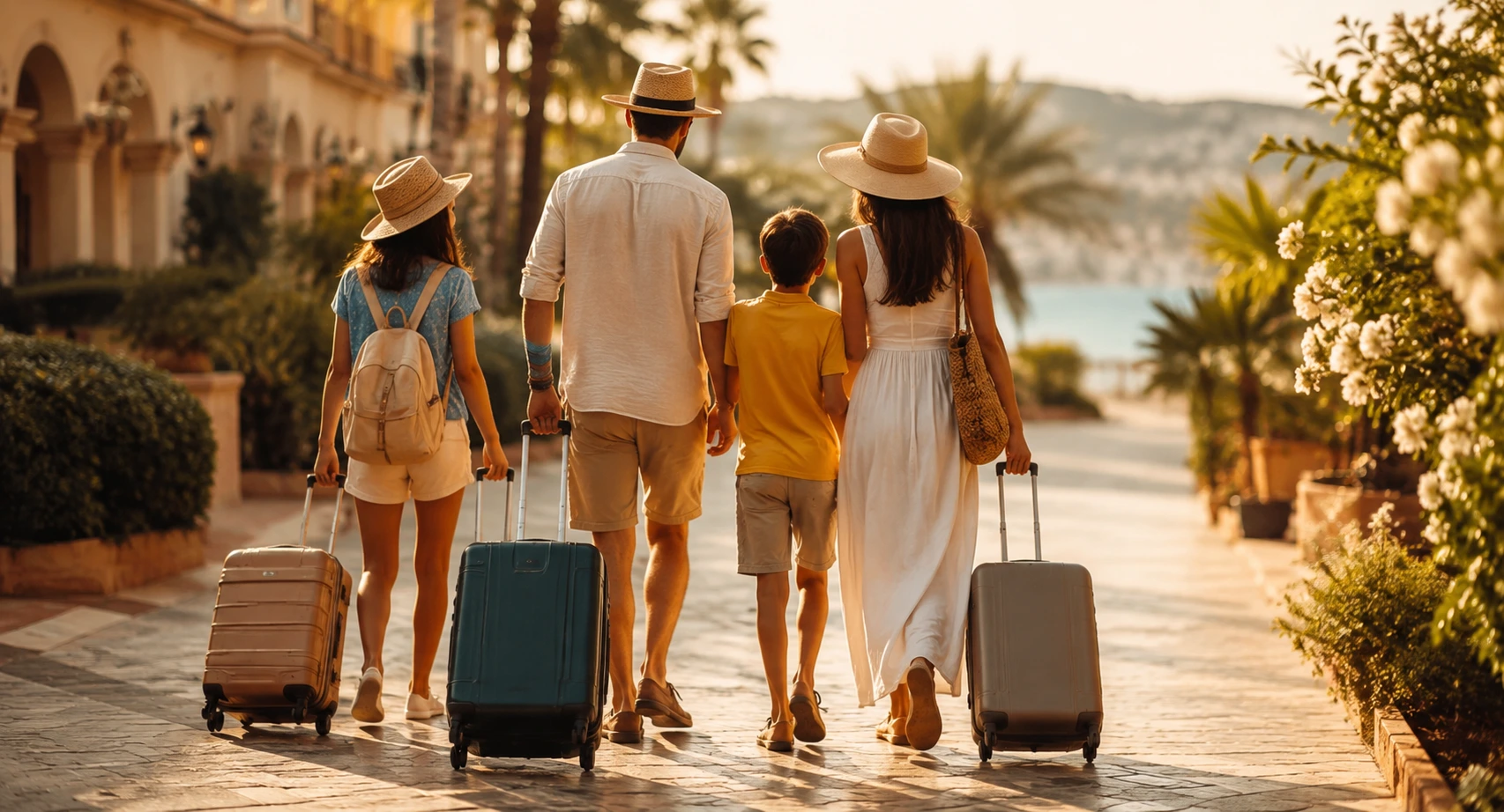 Happy family or group of friends arriving at their holiday destination with luggage