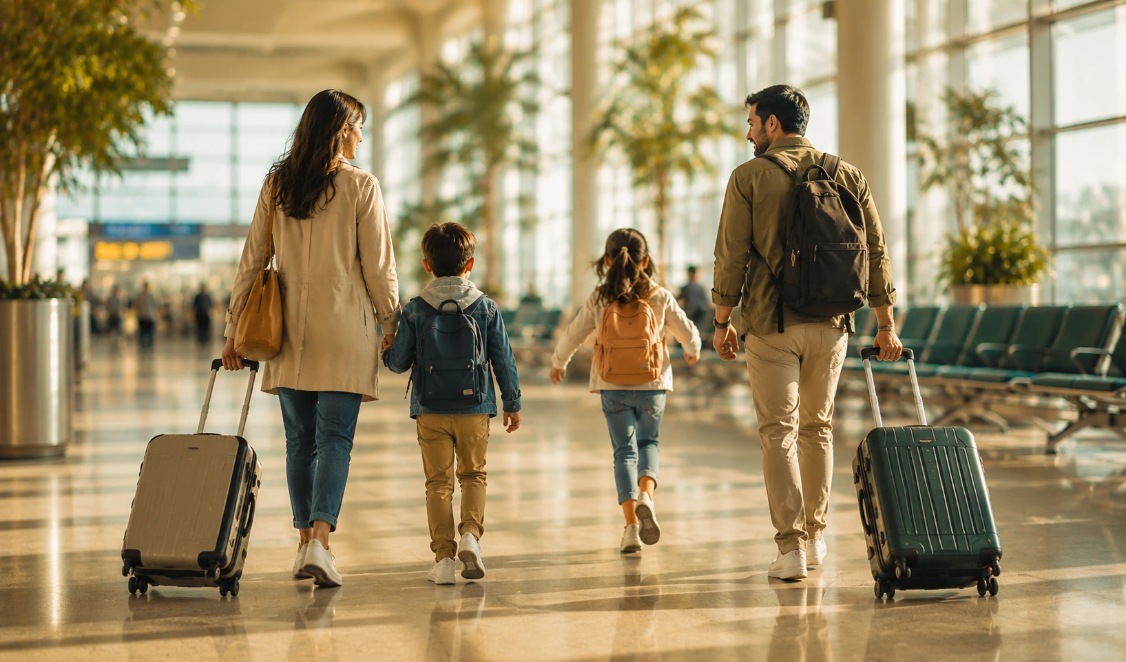 Family with children walking through an airport terminal