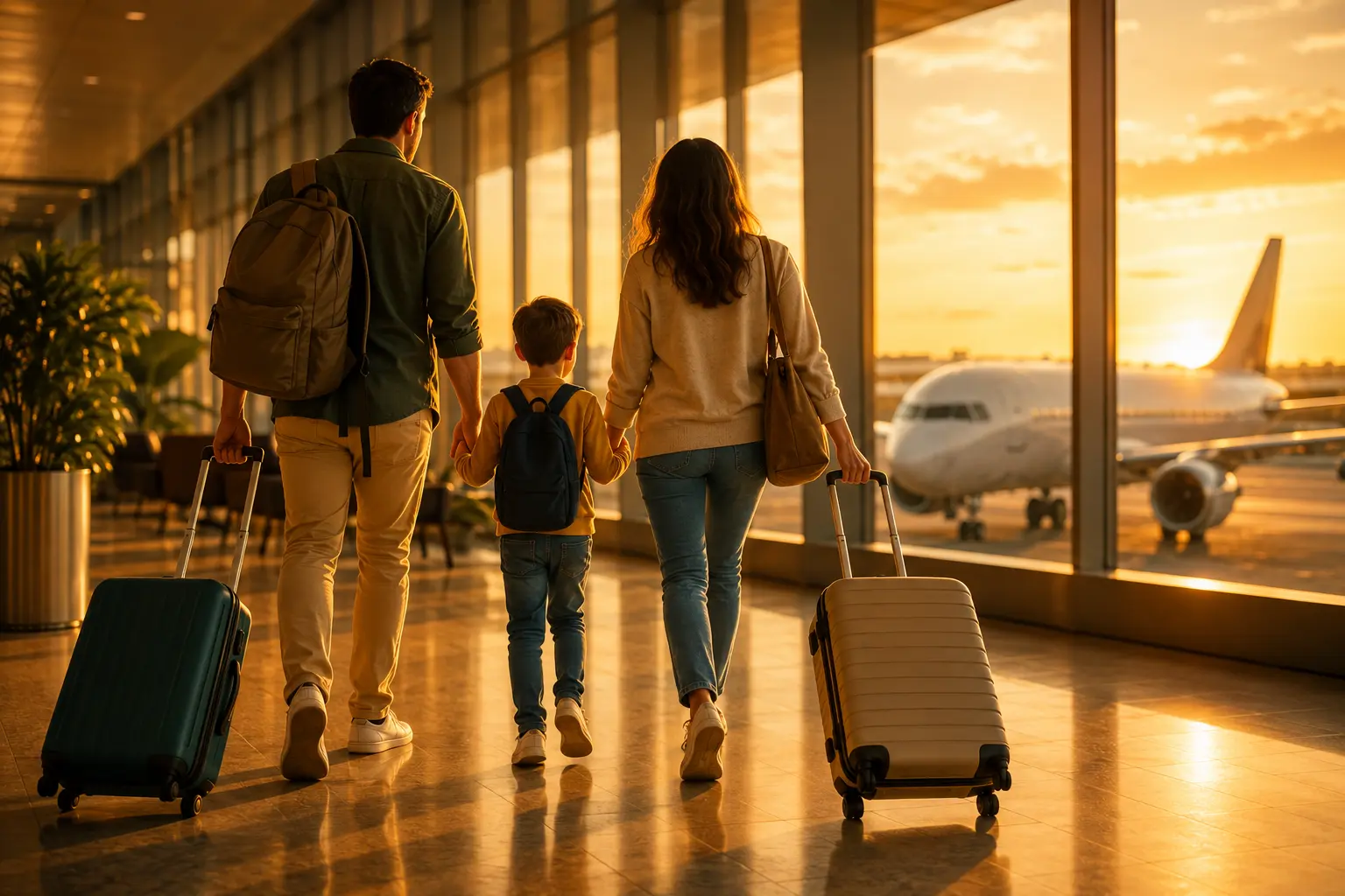 Family departing on a European trip at golden hour, airport