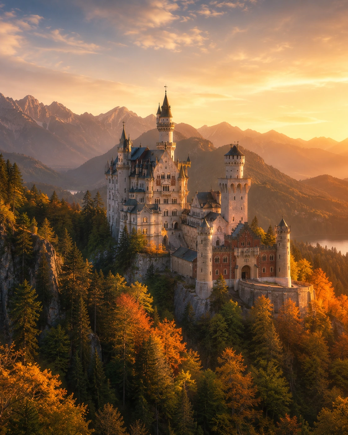Neuschwanstein Castle in Bavaria at sunset, Germany