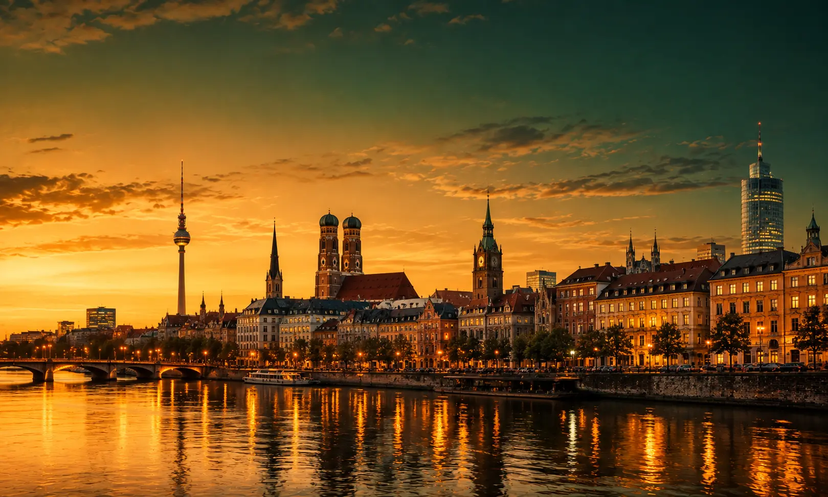 Munich skyline at golden hour, Germany