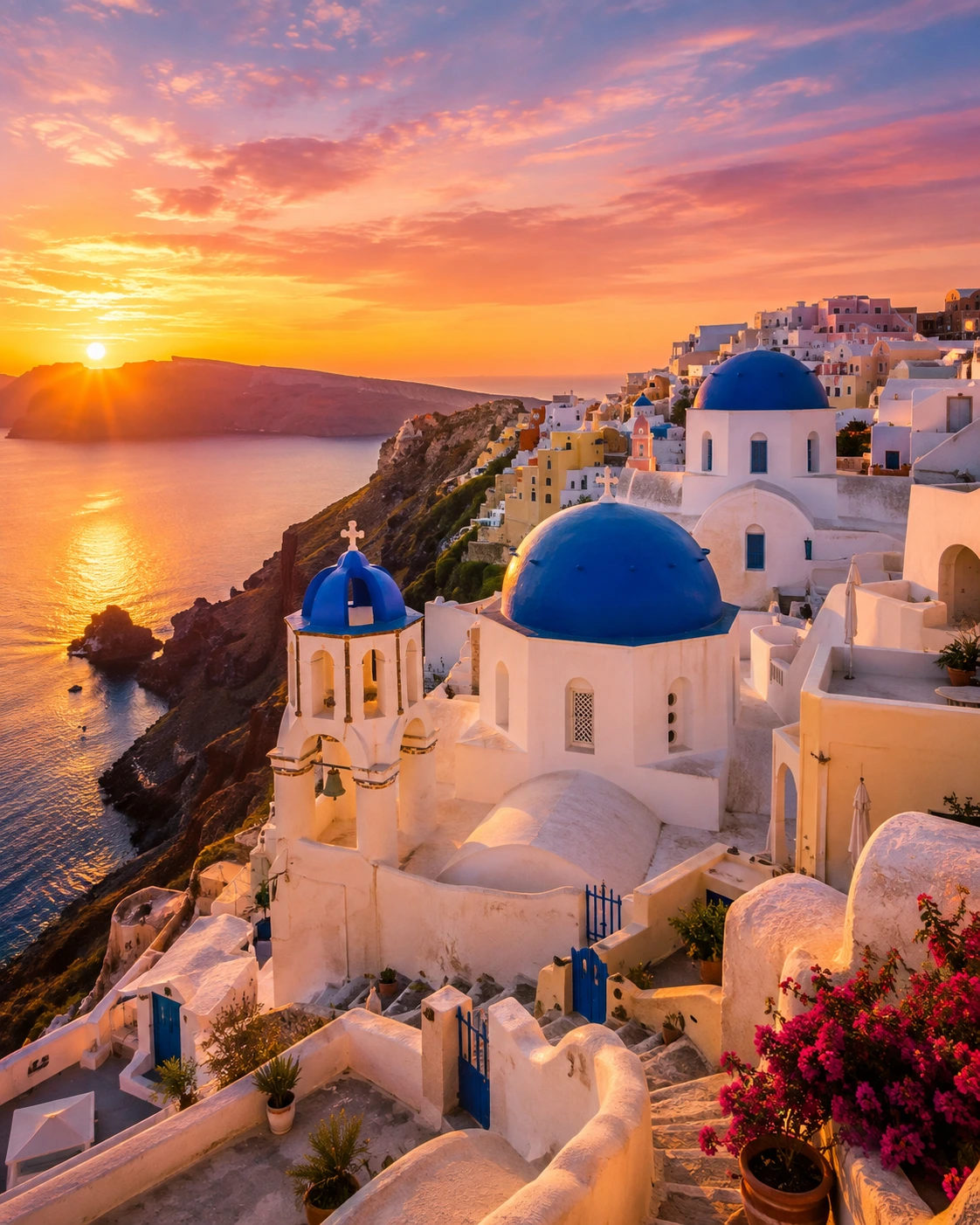 Blue-domed churches at sunset in Oia, Santorini, Greece