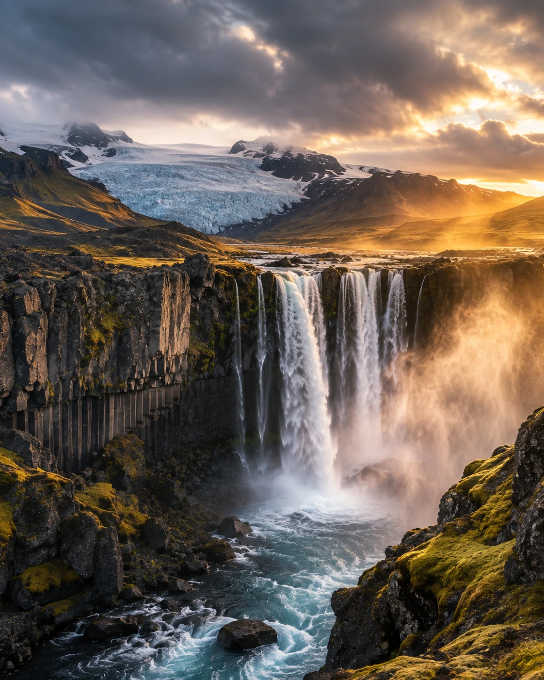 Powerful waterfall with glaciers and volcanic landscape, Iceland