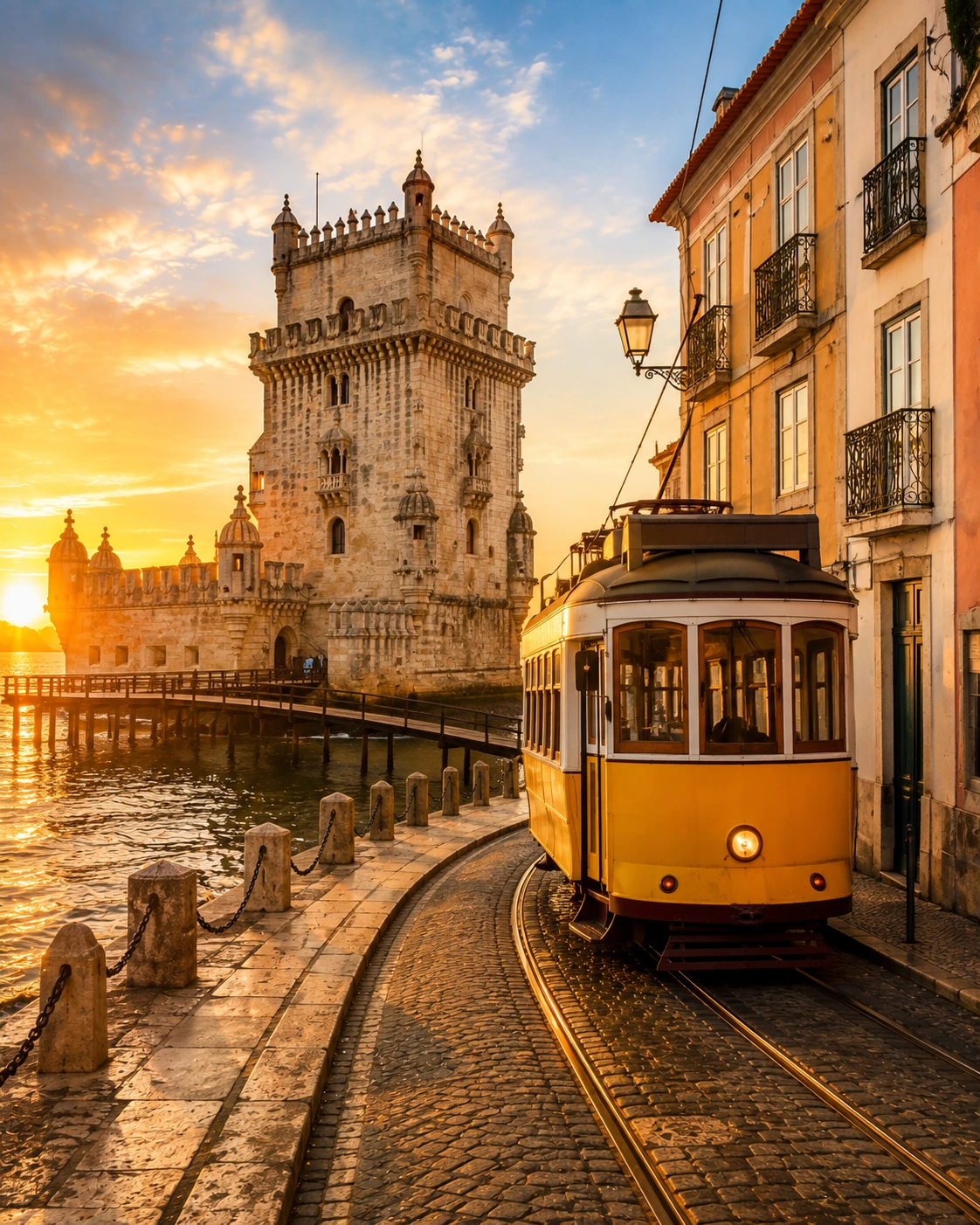 Bel&eacute;m Tower and a vintage yellow tram in Lisbon, Portugal