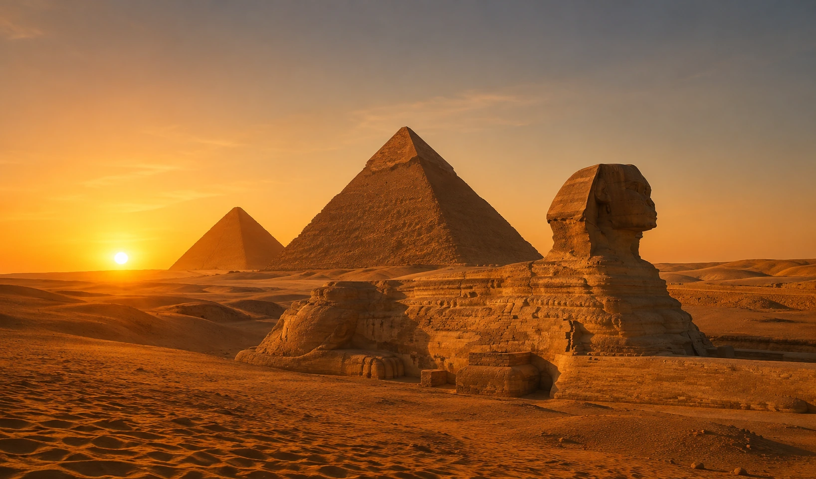 Pyramids of Giza and the Great Sphinx at sunset