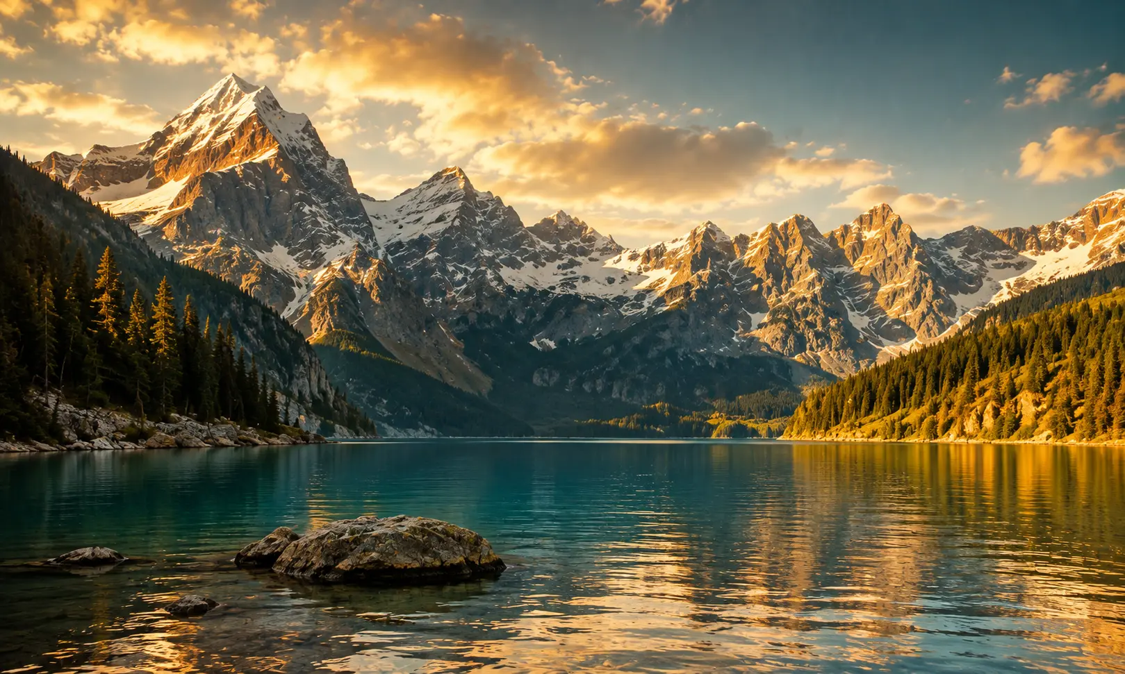 Alpine lake with snow-capped mountains, Switzerland