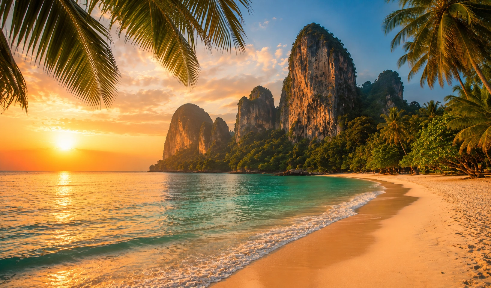 Tropical island beach with limestone cliffs in Thailand