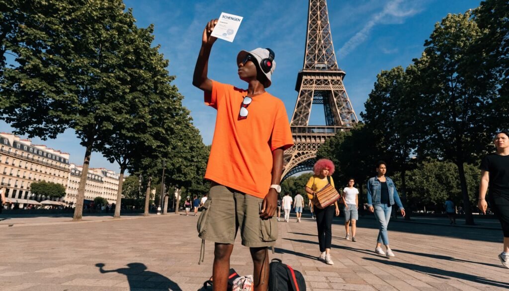 Person with Schengen visa in front of Eiffel Tower, symbolizing travel from the UAE to Europe