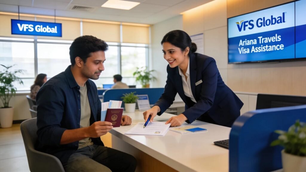 Traveler receiving assistance at a VFS Global visa appointment in a welcoming travel agency setting