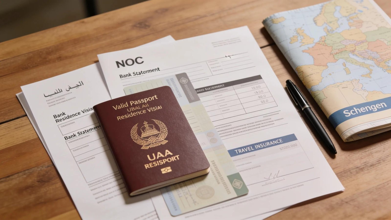 Essential documents for Schengen visa application displayed on a table