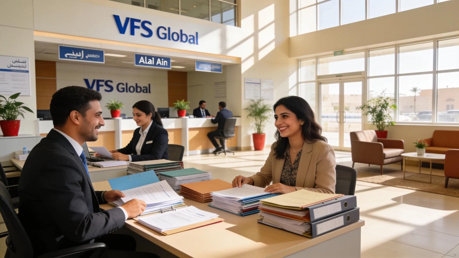 Interior view of a VFS Global center in Al Ain, depicting clients engaging with staff for visa application assistance