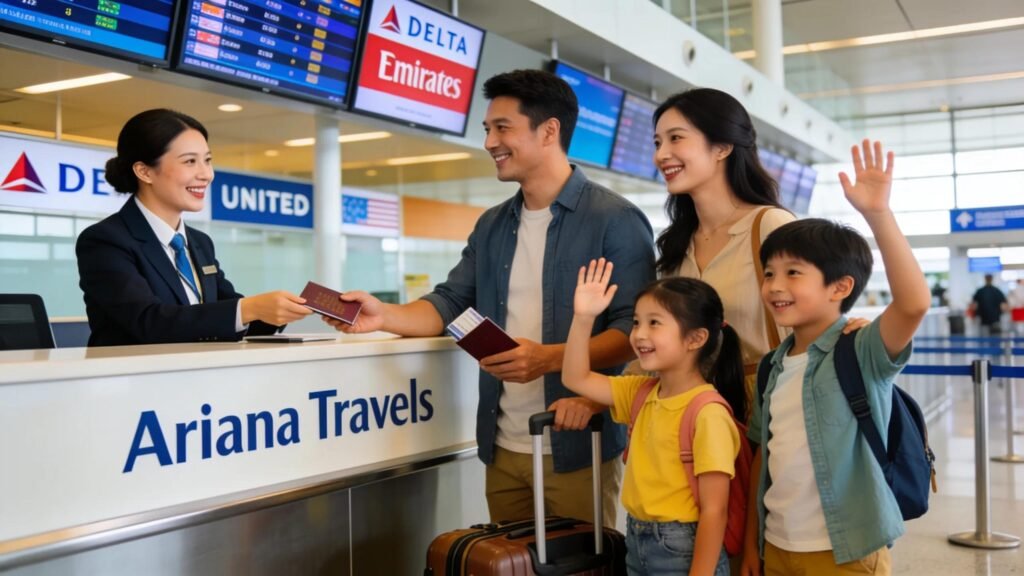 Happy family interacting with a travel agent in a busy airport, emphasizing affordable airline bookings and the excitement of travel