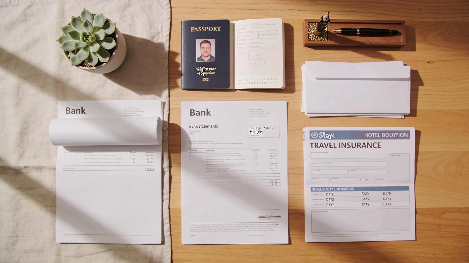 Flat lay of essential documents for Italy tourist visa including passport, bank statements, and travel insurance on a wooden desk
