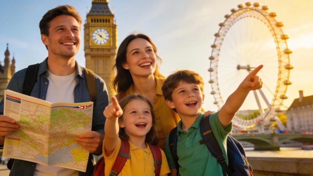 Family eagerly preparing for a trip to the UK with iconic landmarks in the background