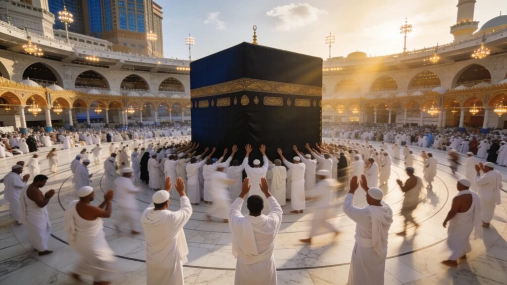Pilgrims performing Umrah at the Grand Mosque in Makkah, illustrating the spiritual experience of the journey.