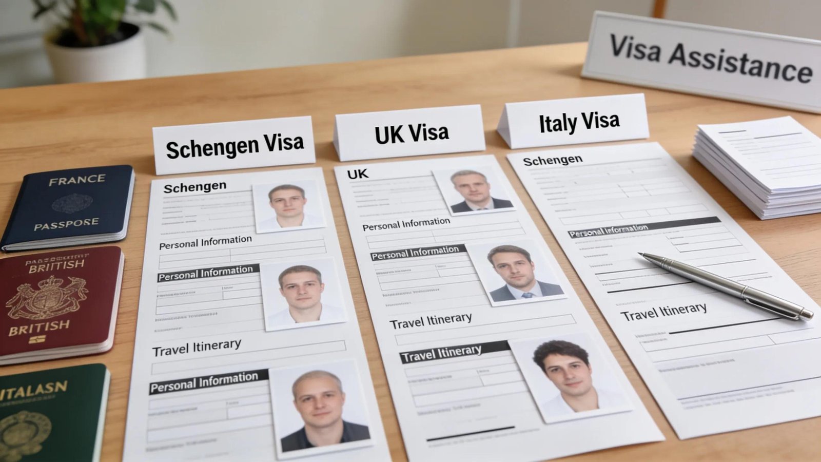 Essential visa documents for Schengen and UK visas arranged on a desk