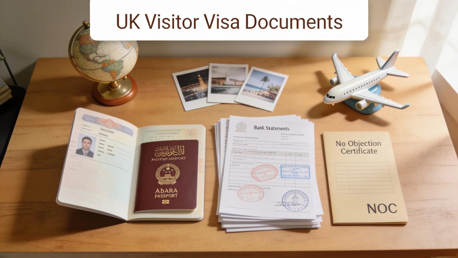 Essential travel documents for UK visitor visa including UAE passport and NOC clearly displayed