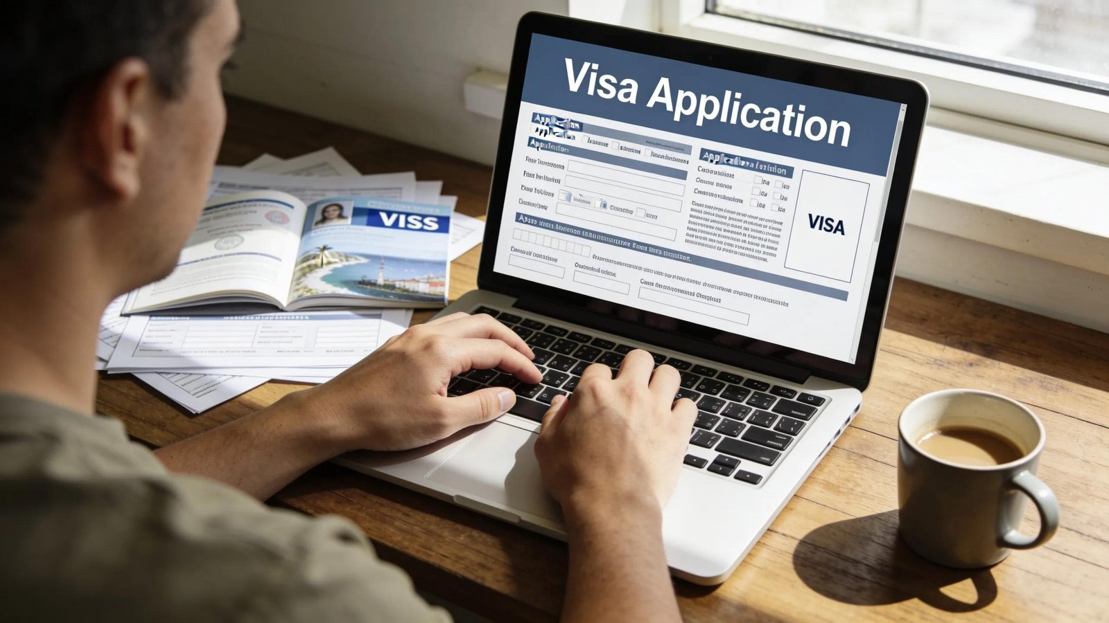 Individual focused on completing the UK visitor visa application process at a work desk