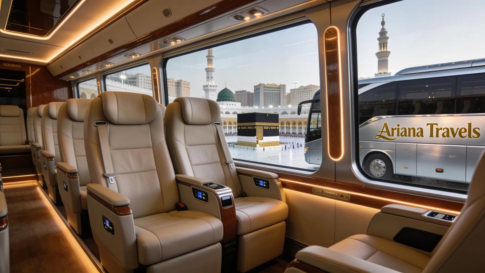 Luxury bus designed for Umrah trips, emphasizing comfort and premium travel amenities.