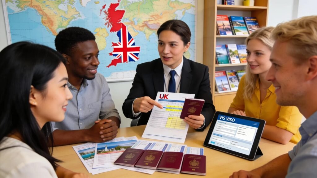 Group consulting at a travel agency about UK visa applications, reflecting diversity and professionalism